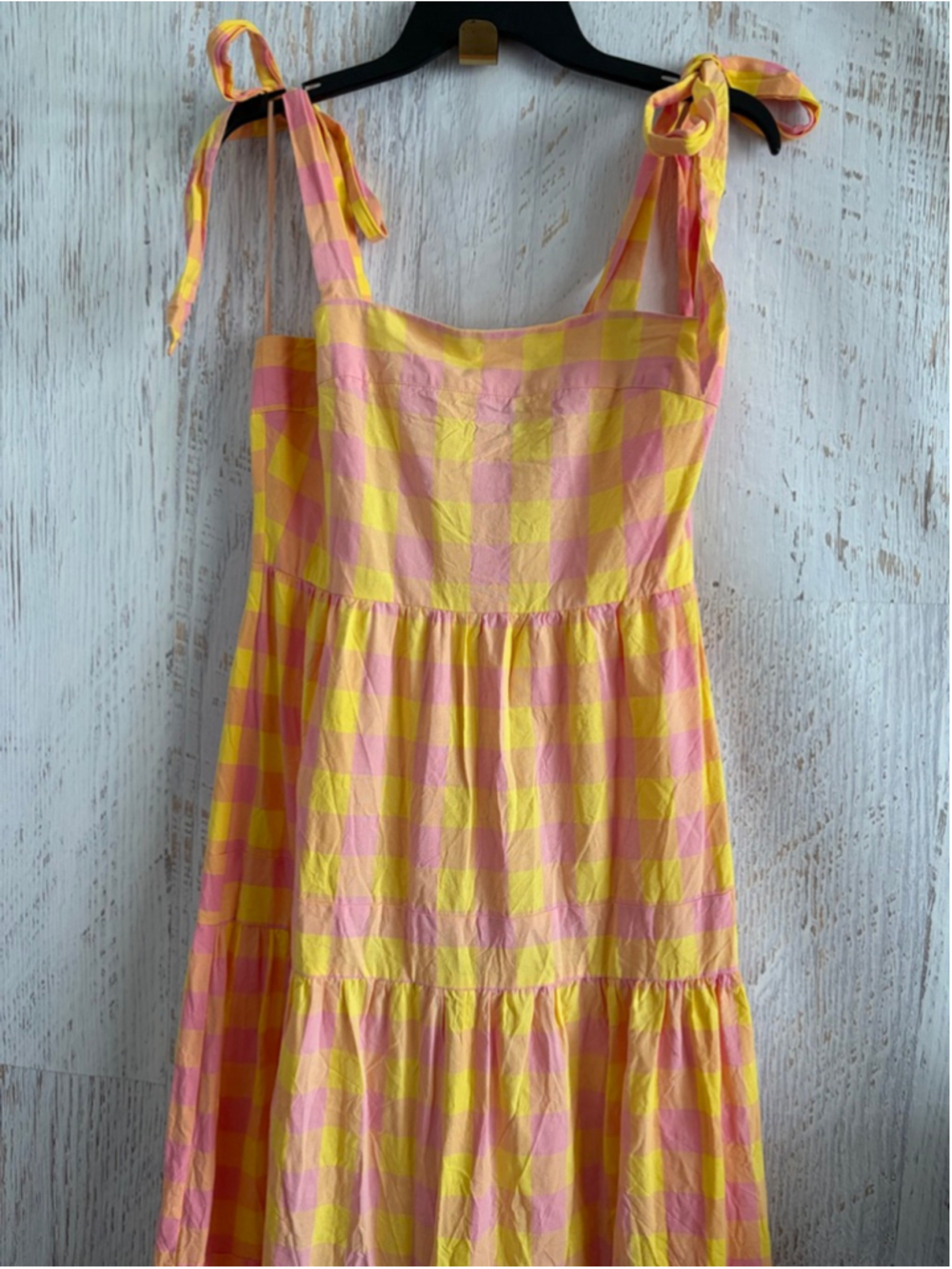 Women's AURA Pink Yellow Gingham Tiered Midi Dress M